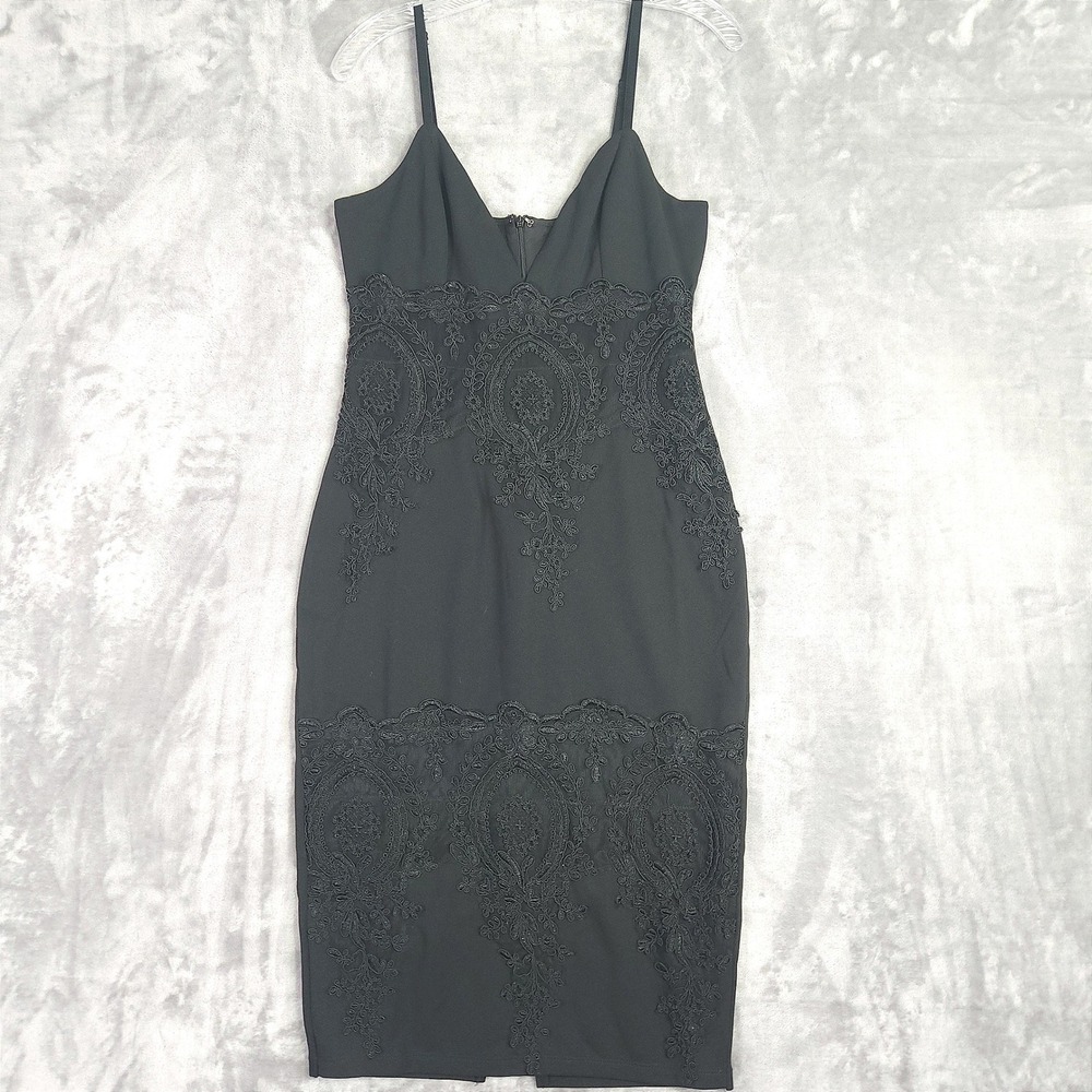 Lulus Midi Dress Womens S Black Lace Embroidered Bodycon Cocktail Goth Romantic